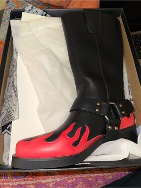 Dolls Kill Red and Black Flame Western Boots
